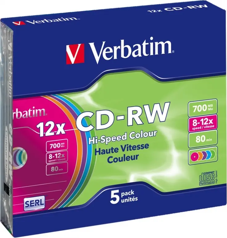 CD RW Verbatim 43167 700MB 12x colour 5 buc slim
