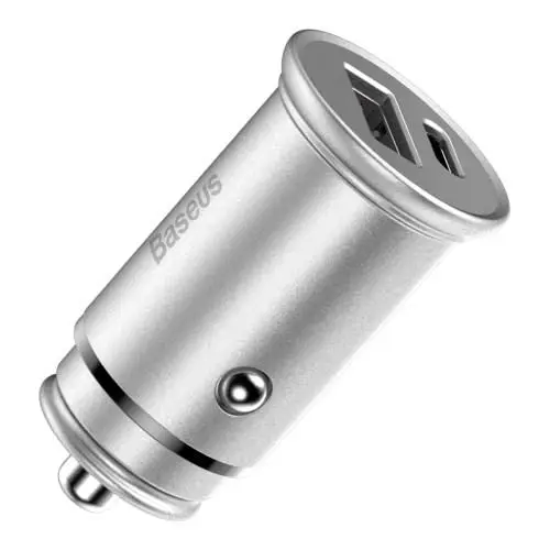 Incarcator auto Baseus Square metal, 1 x USB Output 5V/3A si 1 x USB Type-C Output 5V/3A, total output 30W, pentru bricheta auto, argintiu