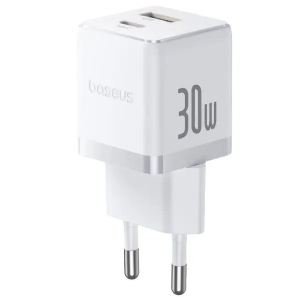 Incarcator retea Baseus Palm, Quick Charge 30W, 1 x USB, 1 x USB Type-C 5V/3.0A, include cablu USB Type-C la USB Type-C 1m, alb