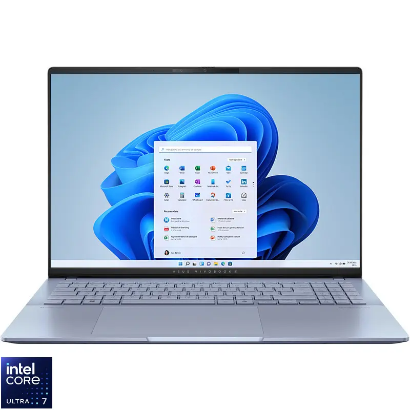 Laptop ASUS Vivobook S16 S5606CA cu procesor Intel® Core™ Ultra 7 255H pana la 5.1 GHz, 16”, 3K, OLED, 120Hz, 16GB LPDDR5X RAM, 1TB SSD, Intel® Arc™ Graphics, Windows 11 Pro, Mist Blue