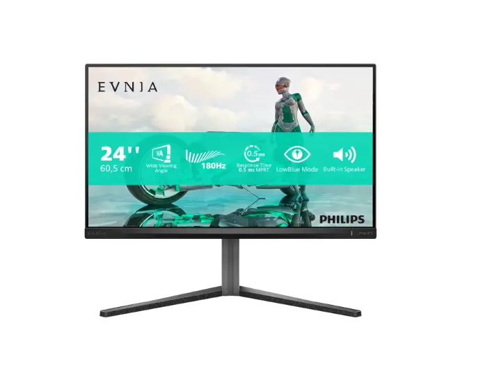 Monitor Gaming LED IPS Philips Evnia 23.8″, Full HD (1920×1080), 180Hz, 1ms (0.5ms Smart MBR), HDR10, FlickerFree, Boxe 2W x 2, HDMI, Display Port, Pivot, VESA, negru