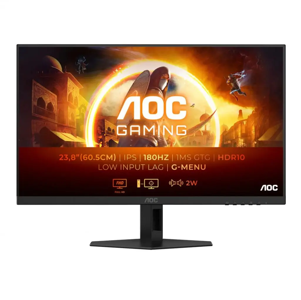 Monitor Gaming AOC, 23.8″, IPS, FHD, 180Hz, 1ms, 0.5ms, HDR10, FlickerFree, Boxe 2W x 2, HDMI, DisplayPort, 24G4XE, Negru