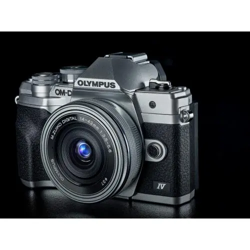 Aparat foto Mirrorless Olympus E-M10 Mark IV + obiectiv M.Zuiko Digital ED 14-42mm F3.5-5.6 EZ (pancake zoom), Argintiu/Argintiu