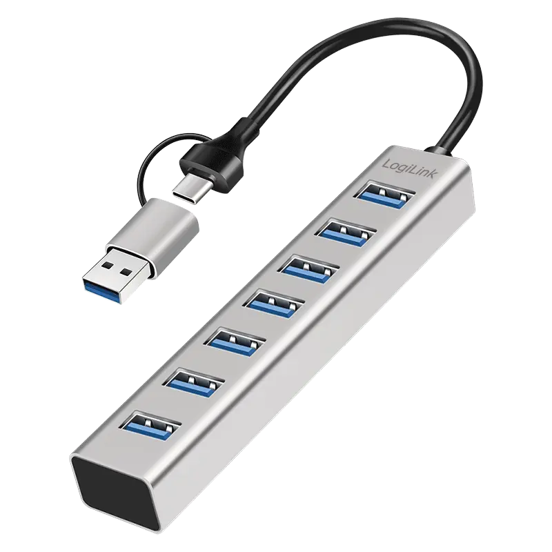 HUB extern LOGILINK, porturi USB: USB 3.0 x 7, conectare prin USB-C 3.0, adaptor conectare USB-A, metal, argintiu