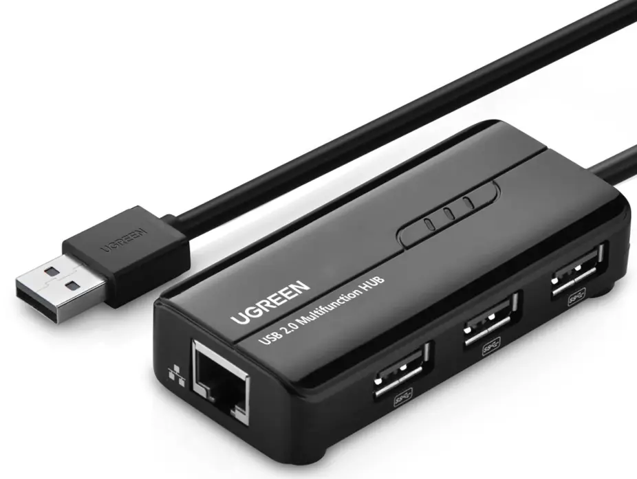 Adaptor extern retea Ugreen 20264, USB 2.0 tata la port RJ-45 10/100 Mbps, USB 2.0 x 3, led, negru