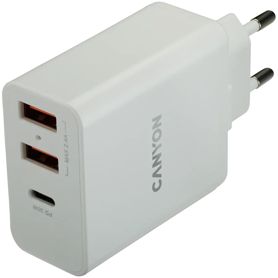Incarcator retea Canyon H-08, 2 porturi USB 2.4A Smart Charge, 1 port PD Quick charge 20W, Alb