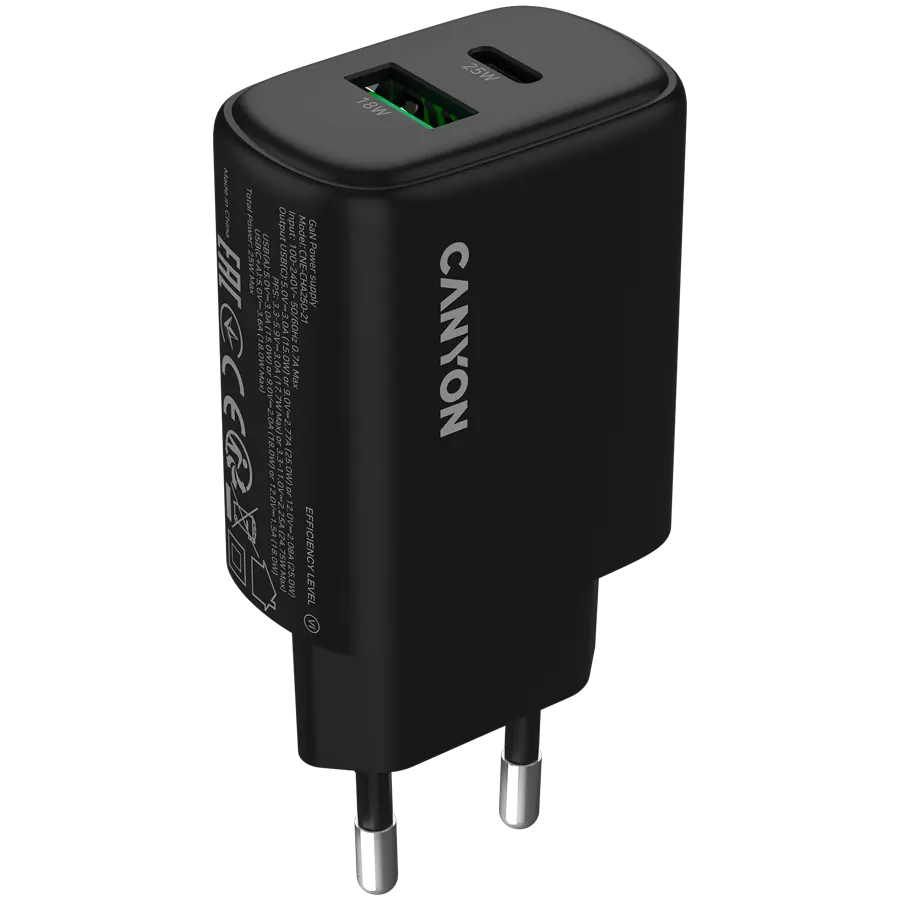 CNE-CHA250-31 1x USB-A + 1x USB-C 25W EU Black