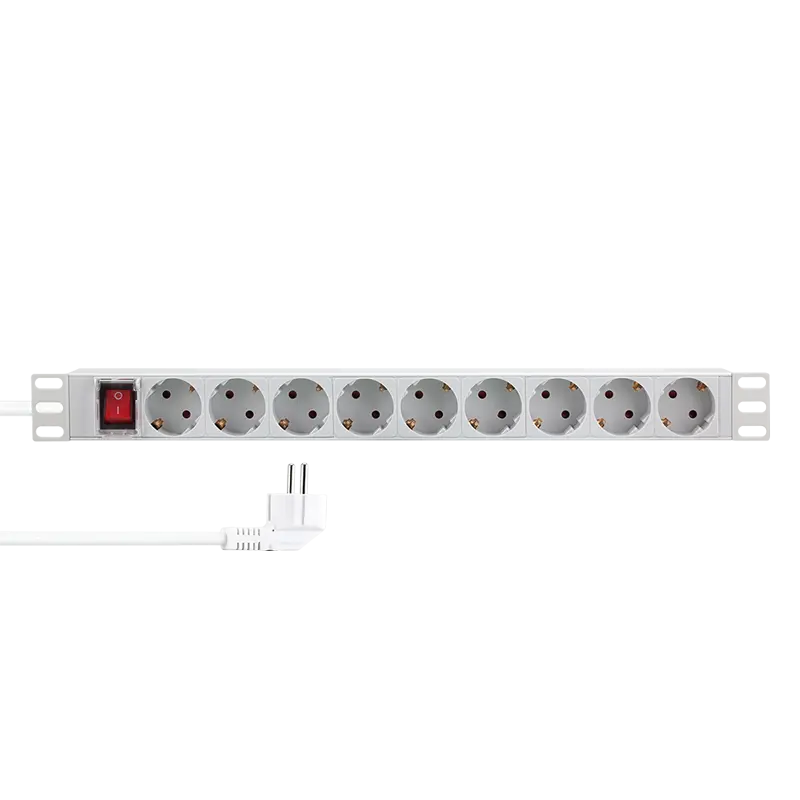 Prelungitor PDU LOGILINK 1U pentru rack 19 inch, 9 prize Schuko, intrare Schuko, max 16 A, ON/OFF, IP20, 2 m, gri
