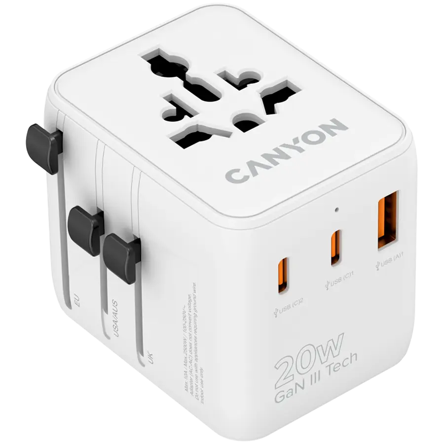 Incarcator retea de calatorie CANYON OnTour 20 CNS-TA20W1005W, 20 W, 1x USB-A, 2x USB Type-C Alb
