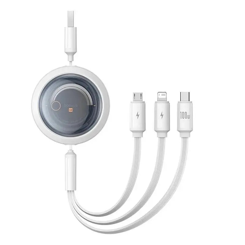 Cablu pentru incarcare si transfer de date Baseus Free2Draw 3 in 1, USB-C la USB-C/Lightning/Micro-USB, 3.5A, 100W, 1.1m, Alb