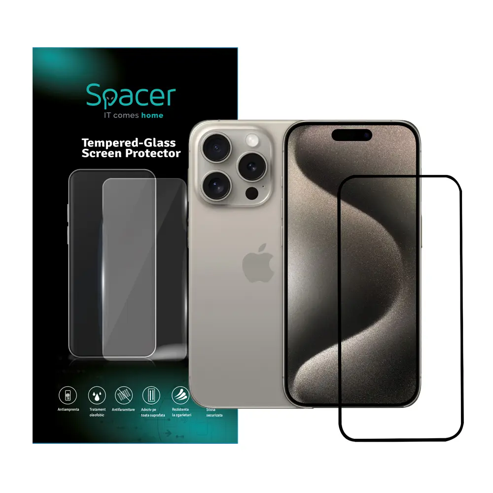 Folie sticla Spacer pentru Iphone 15 Pro, grosime 0.3mm, acoperire totala ecran, strat special anti-ulei si anti-amprenta, Tempered Glass, sticla 9D, duritate 9H