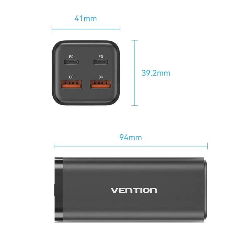 Încărcător rețea Vention FBSBG-EU 100W GaN 4 porturi 2×USB-C+2×USB-A negru