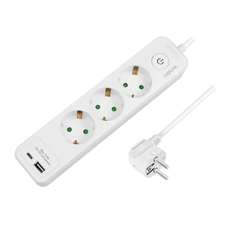 Prelungitor LOGILINK, Schuko x 3, USB-A x 1, USB-C x 1, cablu 3G 1.5mm2, 230 V/16 A, 50 Hz, max. 3500 W, buton intrerupator iluminat, IP20, 2m, alb