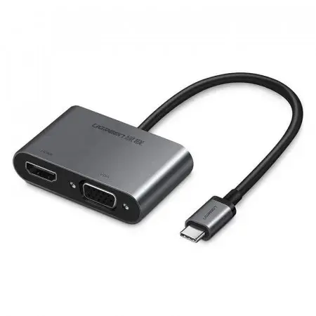 Adaptor video UGREEN CM162 USB-C tata – VGA/HDMI mama, 4K, 30Hz, 2 moduri, 100W, 25cm, Silver