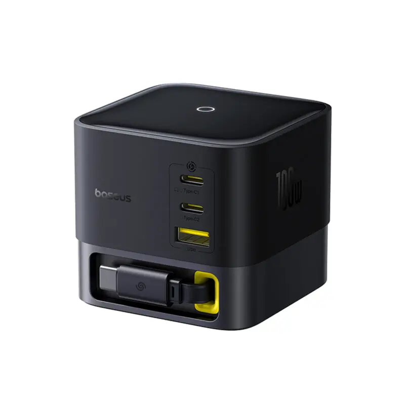 Alimentator Baseus Super GaN 100W 3×USB-C 1×USB-A cablu retractabil
