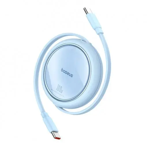 Cablu de date, Baseus, USB-C – USB-C, Free2Pull Mini, 60W, Retractabil, 1m, 480 Mbps, Albastru deschis