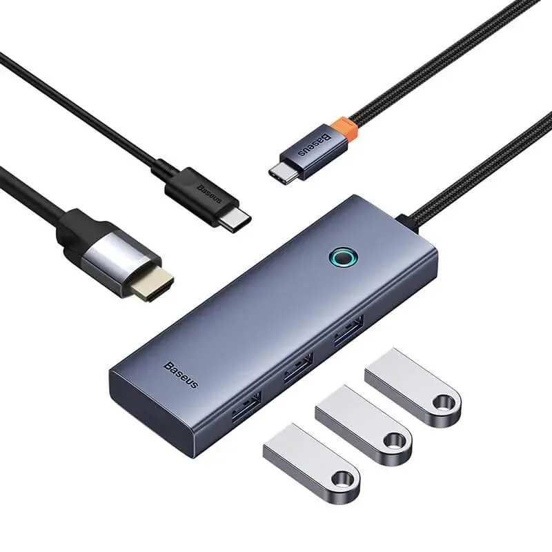 DOCKING STATION Baseus UltraJoy 5 in 1, conectare PC USB Type-C x 2, USB 3.0 x 3, USB Type C x 1, HDMI x 1/4K/30Hz, gri „B00052801811-04” (timbru verde 0.18 lei) – 6932172657727