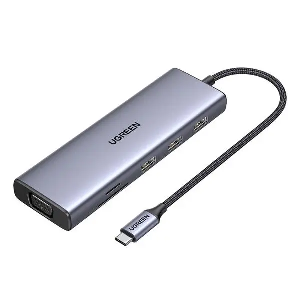 DOCKING Station Ugreen, „CM498” conec PC USB Type-C, USB 3.2 x 3|HDMI 4Kx1 la 60Hz|VGA x1|Card reader x 1|USB-C x 1 PD 100W, aluminiu, gri „15600” (timbru verde 0.8 lei)