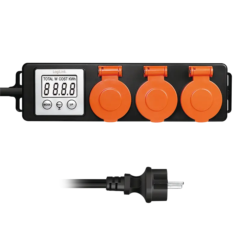 Prelungitor exterior Logilink EM0008 IP44 3 prize energie, LCD 2″, 16 A