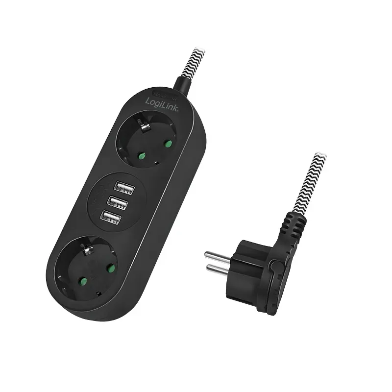 Prelungitor Logilink LPS262U cordon textil 2 prize USB 1.5 m negru alb