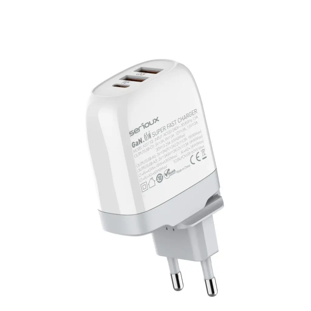 Incarcator Serioux QC65WGAN 65W GaN 1x USB-C 2x USB-A Alb