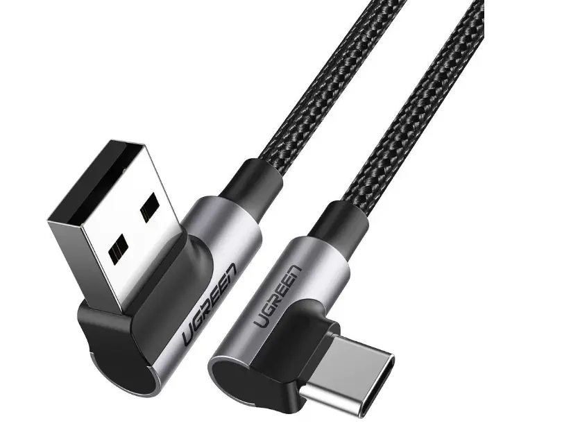 Cablu alimentare si date Ugreen, Fast Charging,, USB la USB Type-C 3A Complete Angled 90° braided 2m, Negru