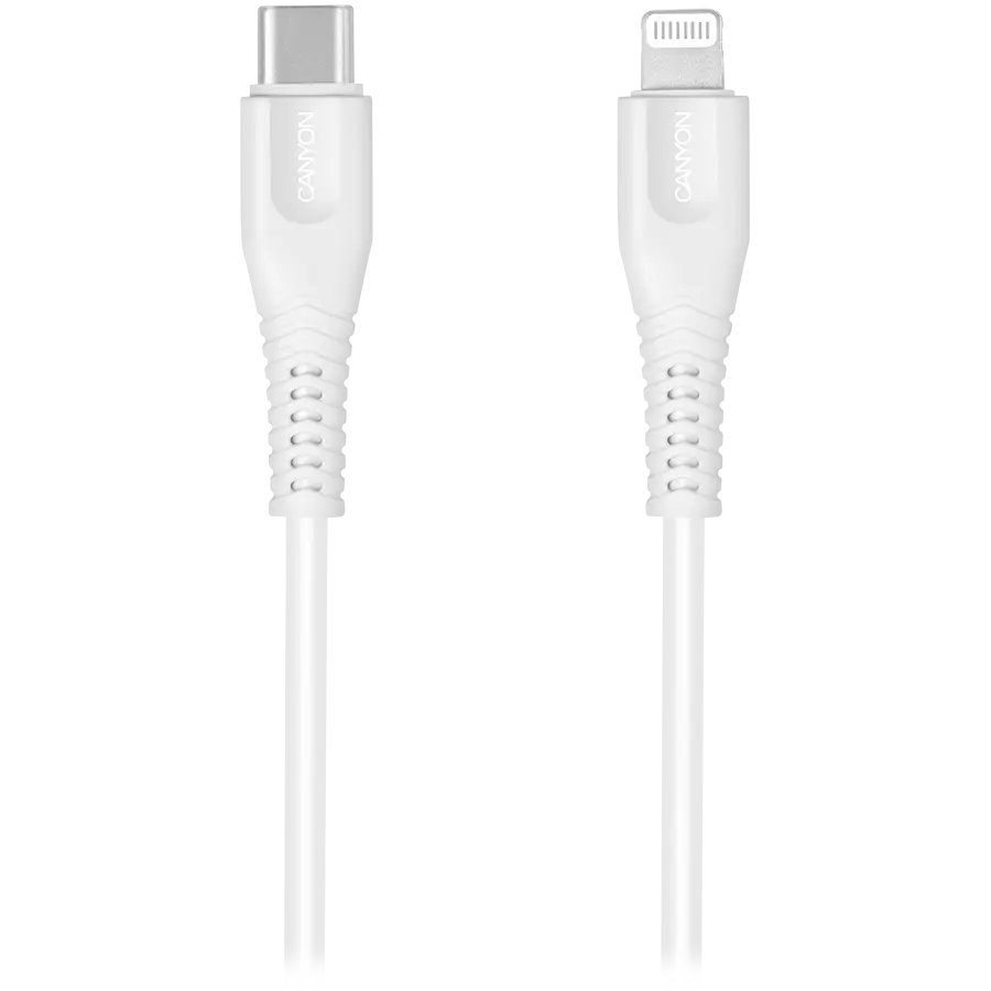 Cablu de date Canyon MFI-4 Certificat Apple MFI 1.2m USB-C la Lightning, Alb
