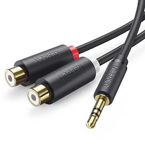 Cablu audio UGREEN AV109, tata mini jack 3.5 mm la 2x mama RCA, 0.25m, Negru