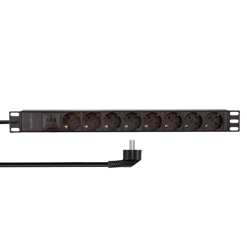 Prelungitor PDU LOGILINK 1U pentru rack 19 inch, 8 prize Schuko, intrare Schuko, max 16 A, prot. suprasarcina, IP20, 2 m, negru