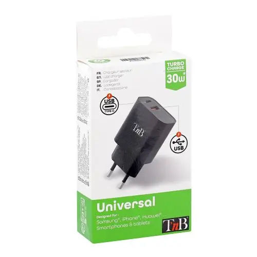 Incarcator de perete T’nB Tolto CHPD30W2, 30W, USB-A, USB-C, negru