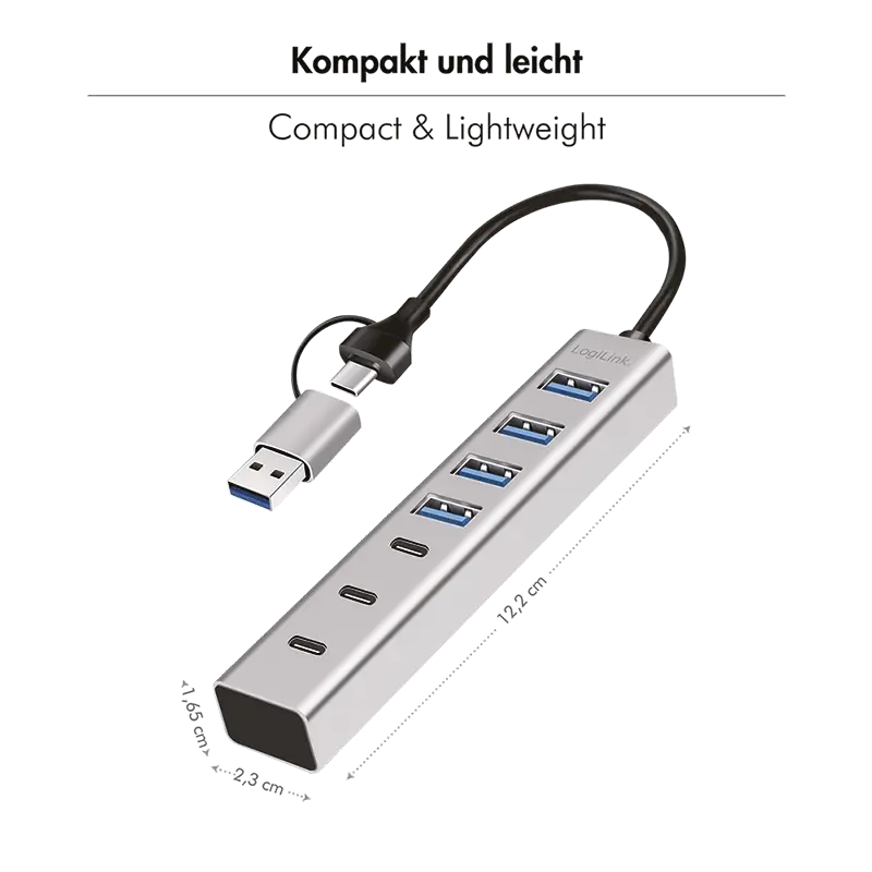 HUB extern LOGILINK, porturi USB: USB 3.0 x 4 + USB-C Type-C x 3, conectare prin USB-C 3.0, adaptor conectare USB-A, metal, argintiu