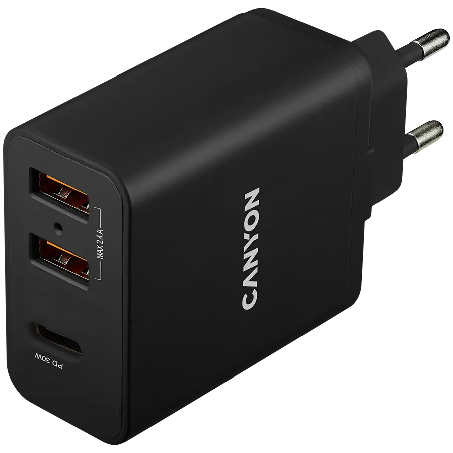 Incarcator retea Canyon H-08, 2 porturi USB 2.4A Smart Charge, 1 port PD Quick charge 20W, Negru