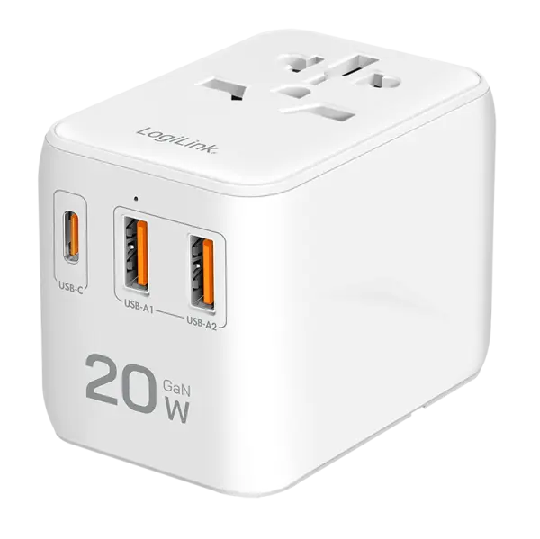 Alimentator retea 220V LOGILINK, universal, 1 x USB-C, 2 x USB-A, suport OCP/OVP/OHP/SCP, compatibil EU/AUS/US/UK, alb