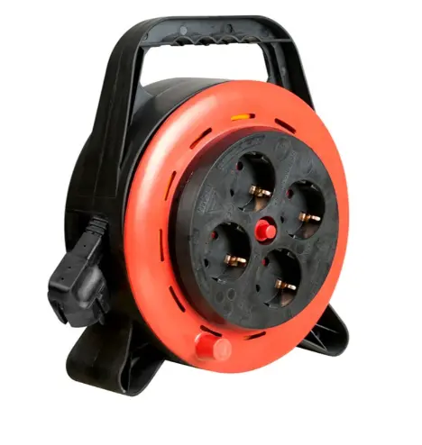 Prelungitor cu tambur Bachmann incasetat, 4 prize Schuko, cu termosiguranta, H05VV-F3G1mm², 10m