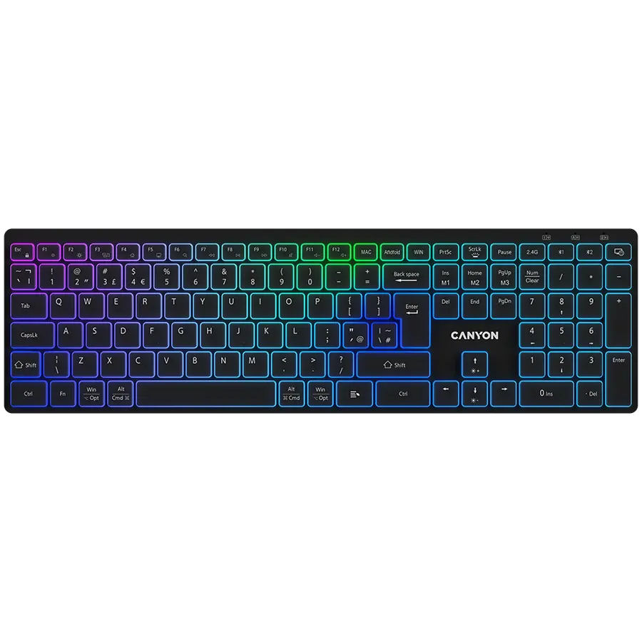 Tastatura wireless CANYON CNS-HBTK11B, Layout UK/US, RGB, Dual Mode Negru