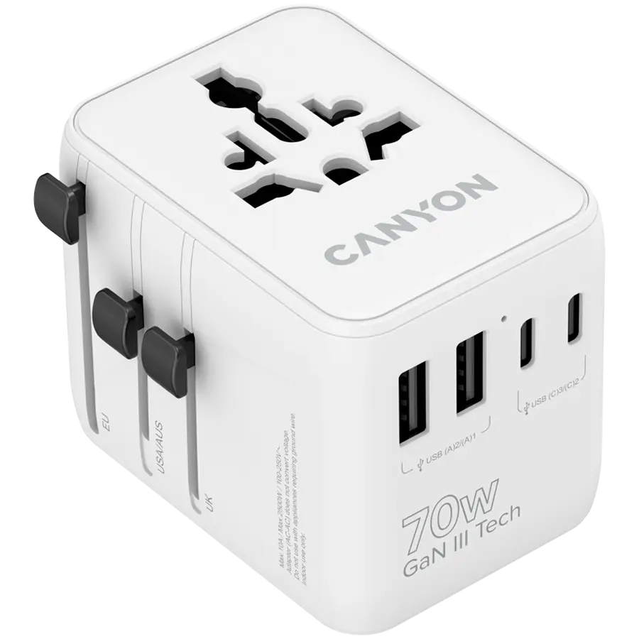 Incarcator retea de calatorie CANYON OnTour 70 CNS-TA70W1006W, 70 W, EU/UK/US/AUS, 2x USB-A, 2x USB Type-C Alb