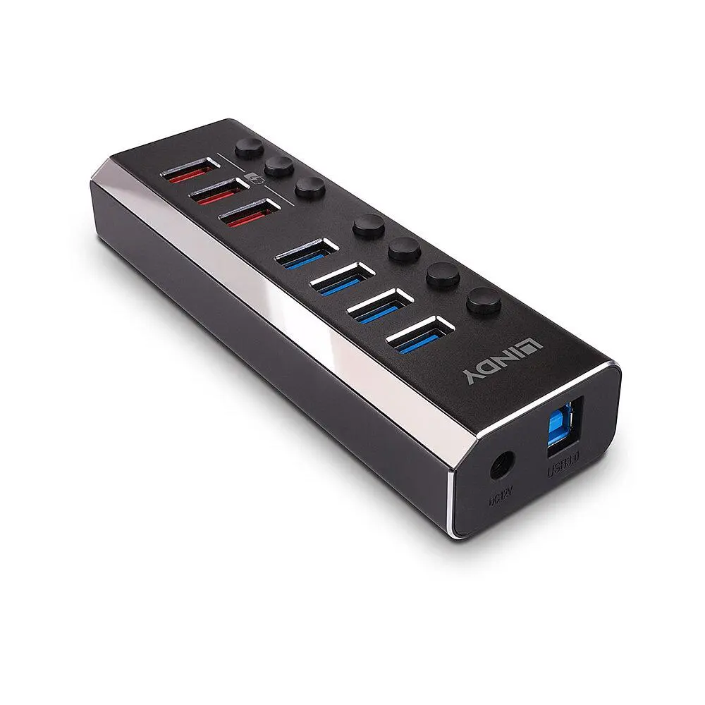 Hub USB Lindy 43371, 4 porturi USB 3.0 + 3 Quick Charge 3.0, negru-argintiu
