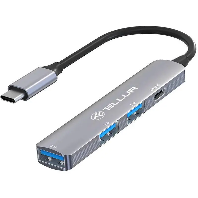 Hub Tellur TLL321051 USB-C 4 in 1, 2 porturi USB 2.0, 1 port USB-C, 1 port USB 3.0, aluminiu, Gri