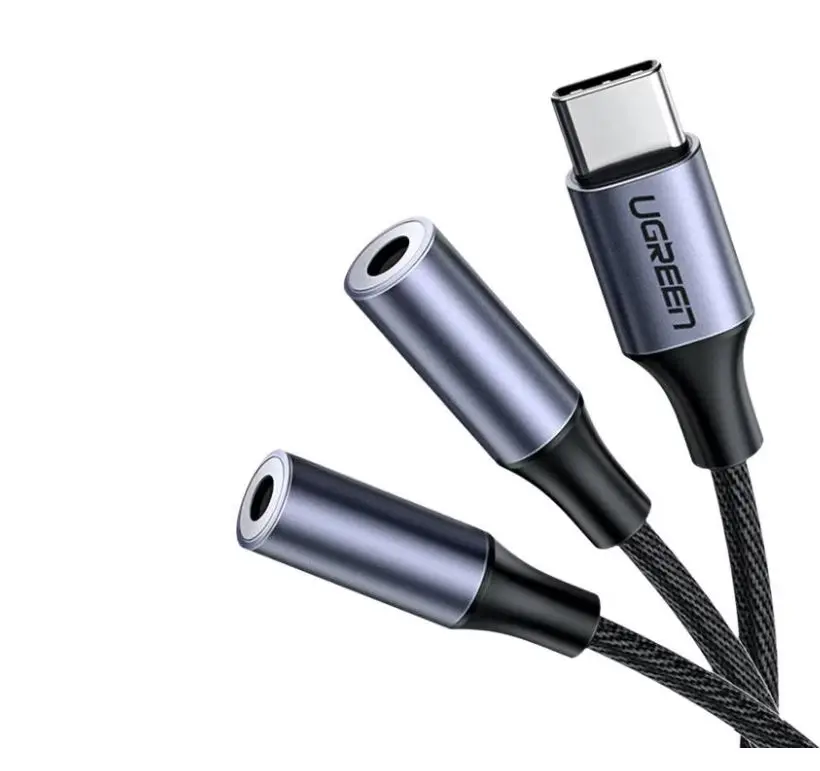 Cablu audio Ugreen 30732 USB-C la 2× Jack 3,5 mm 25 cm argintiu