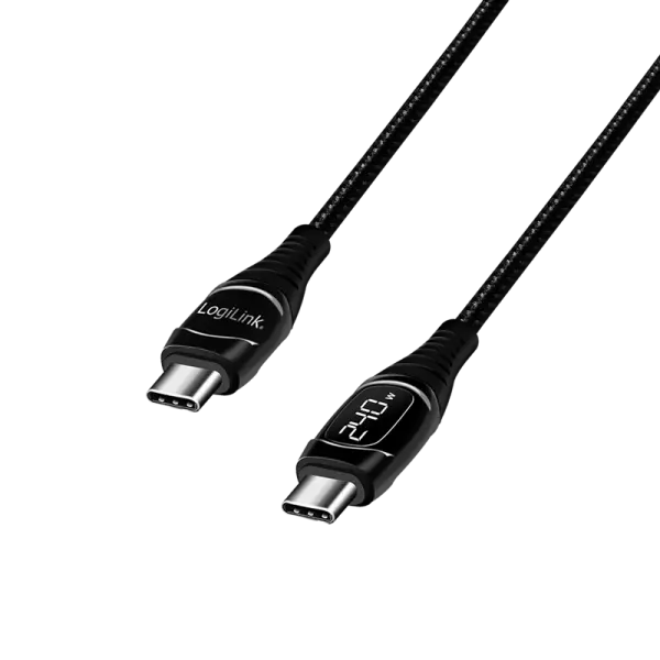Cablu alimentare si date LOGILINK, pentru smartphone, USB 2.0, USB Type-C (T) la USB Type-C (T), 2m, PD 240W, OLED Display, conectori placati cu nichel, negru