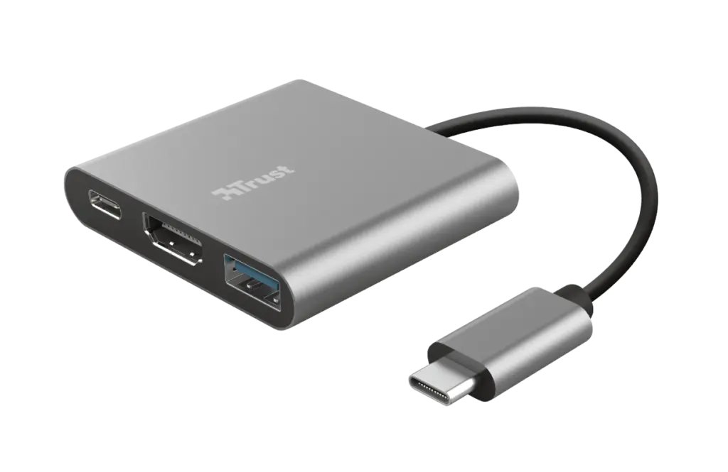 Adaptor multiport Trust Dalyx, USB-C multiport 3-in-1, port USB-C PD, USB, HDMI, HDR și HDMI 1.4 (4K 30Hz), 5 Gbps USB 3.2 Gen 1, MacBook, PC, laptop, Chromebook- argintiu
