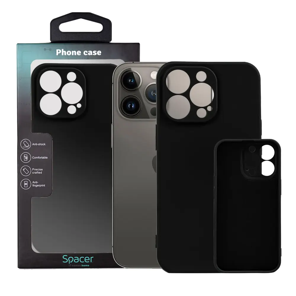 Husă Spacer iPhone 13 Pro silicon neagră microfibră