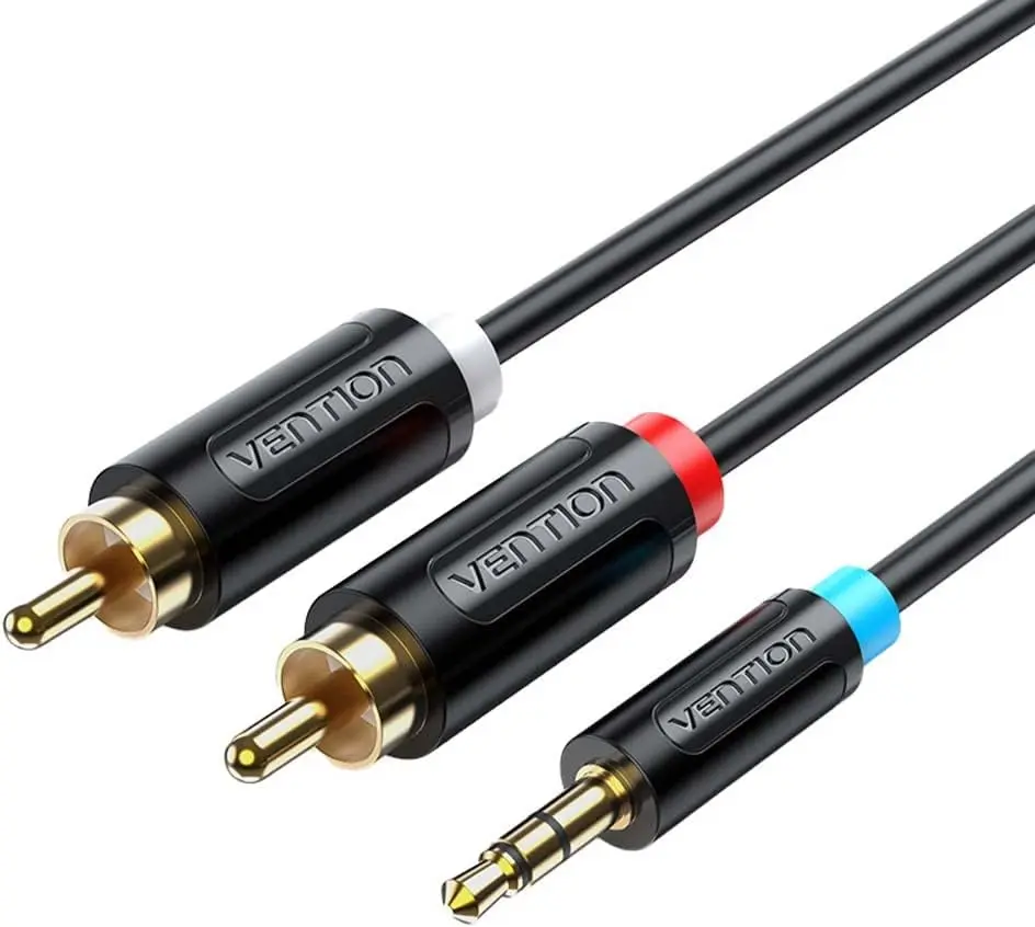 Cablu audio Vention, Jack 3.5mm (T) la 2 x RCA (T), 1m, conectori auriti, PVC, negru, „BCLBF”