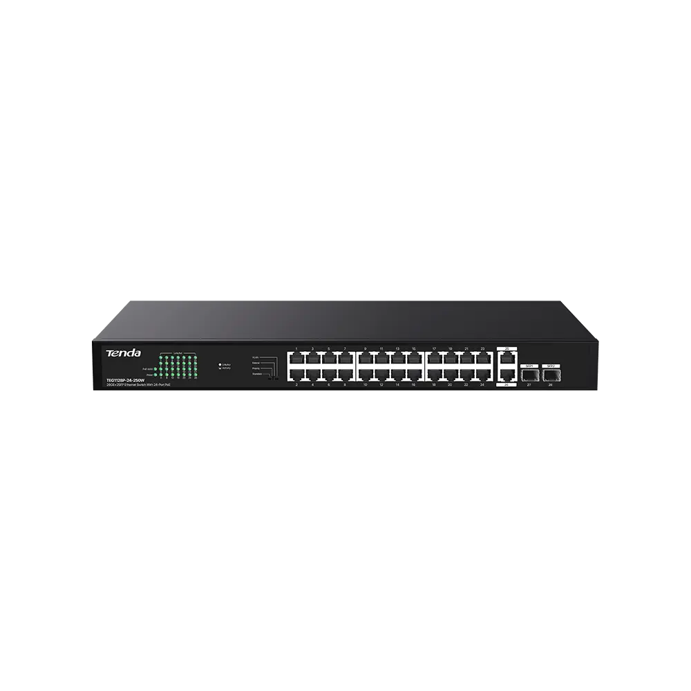 Switch PoE+(230W) fara management, cu 4 preconfigurari, 26×RJ45 1Gbps (24×PoE+), 2×SFP 1Gbps