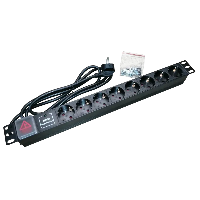 Bara alimentare aluminiu / PDU, 19 inch, 7 prize schuko + switch, protectie la supratensiune, 16A, 3500W, 3×1.5, 2m – EMTEX