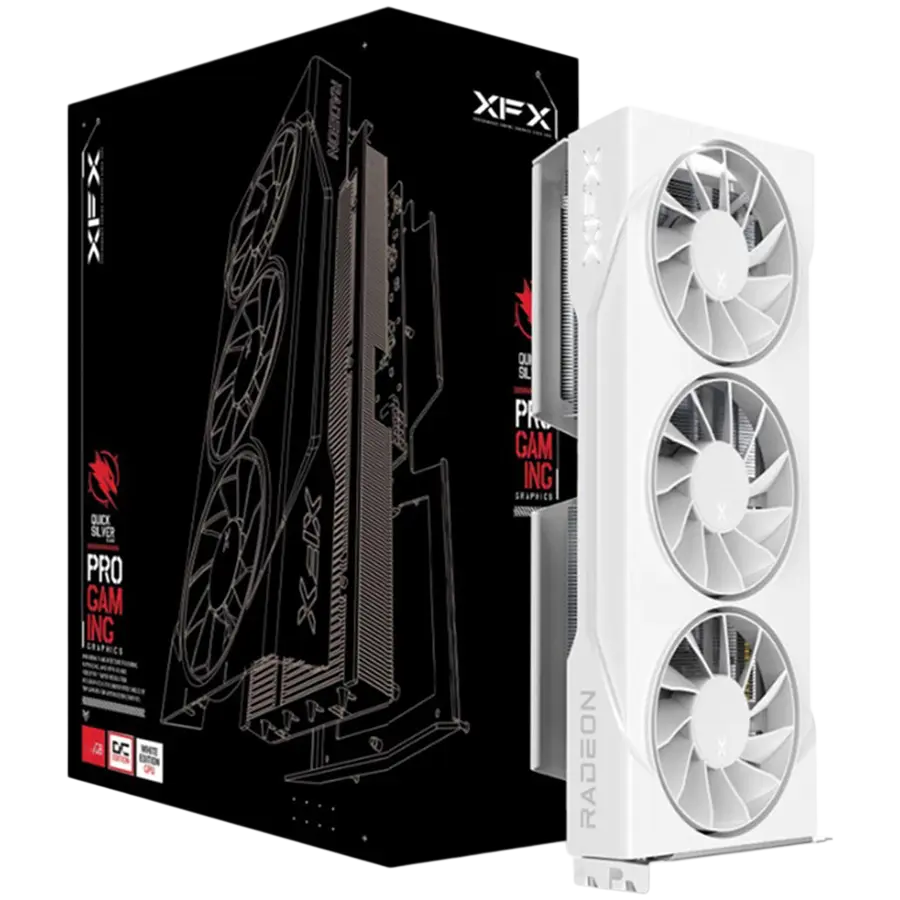 Placă video XFX SWIFT RX 9060XT OC, 16GB, alb, 3 ventilatoare