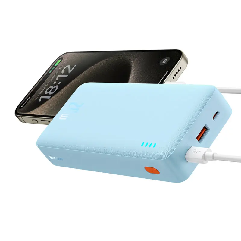 Acumulator extern Baseus Airpow, 20000mAh, 20W, Incarcare rapida, USB-C, USB-A, cablu USB-C la USB-A inclus, Albastru deschis