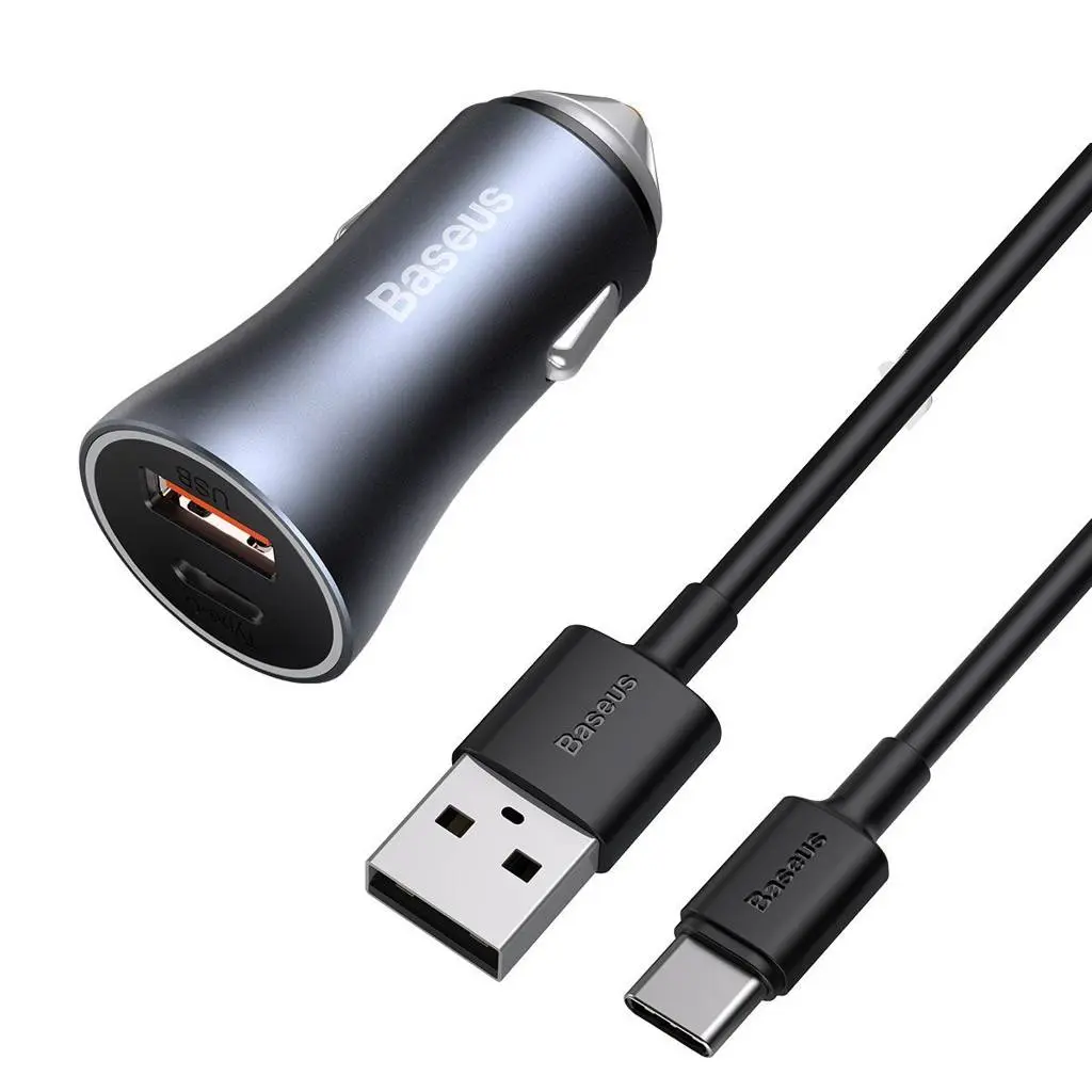 Incarcator Auto USB si Type-C Baseus, Golden Contactor Pro Dual Quick Charger, Cablu Baseus USB la USB type C, Dark Gray