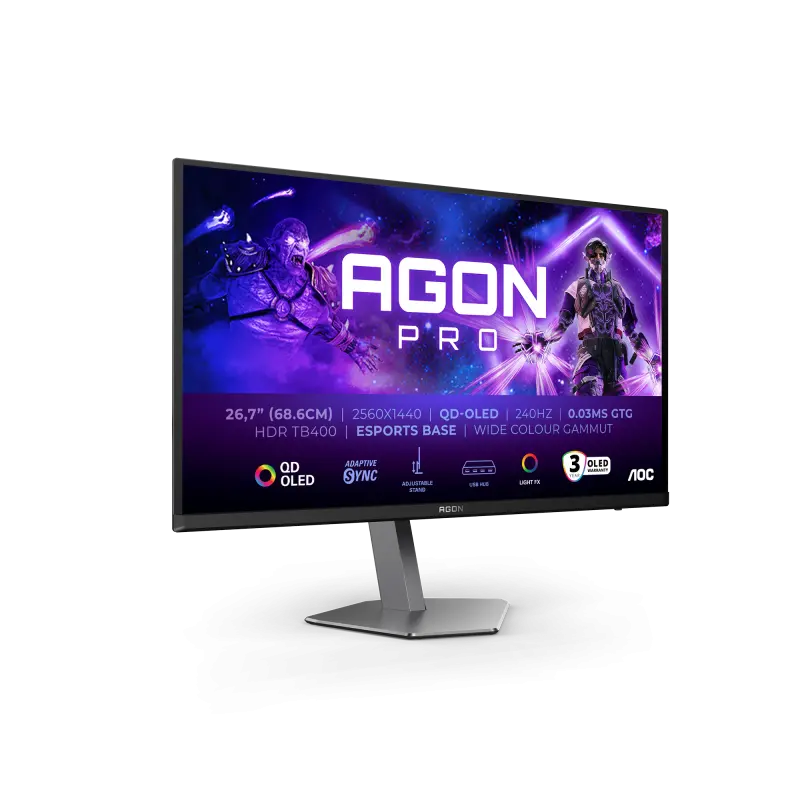 Monitor Gaming AOC, AGON, PRO, 26.7″, QD-OLED, QHD, 240Hz, 0.03ms, HDR400, TrueBlack, FlickerFree, Boxe 5W x 2, HA, Pivot, HDMI, DisplayPort, USB, hub, RGB, Light, FX, AG276QZD2, Negru