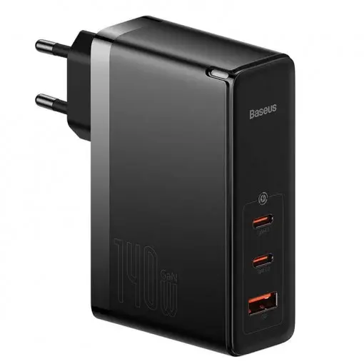 Baseus Set Incarcator Retea GaN5 Pro 2x USB-C si 1x USB-A, Fast Charger, 140W + Cablu Type-c la Type-c, 1m, Negru